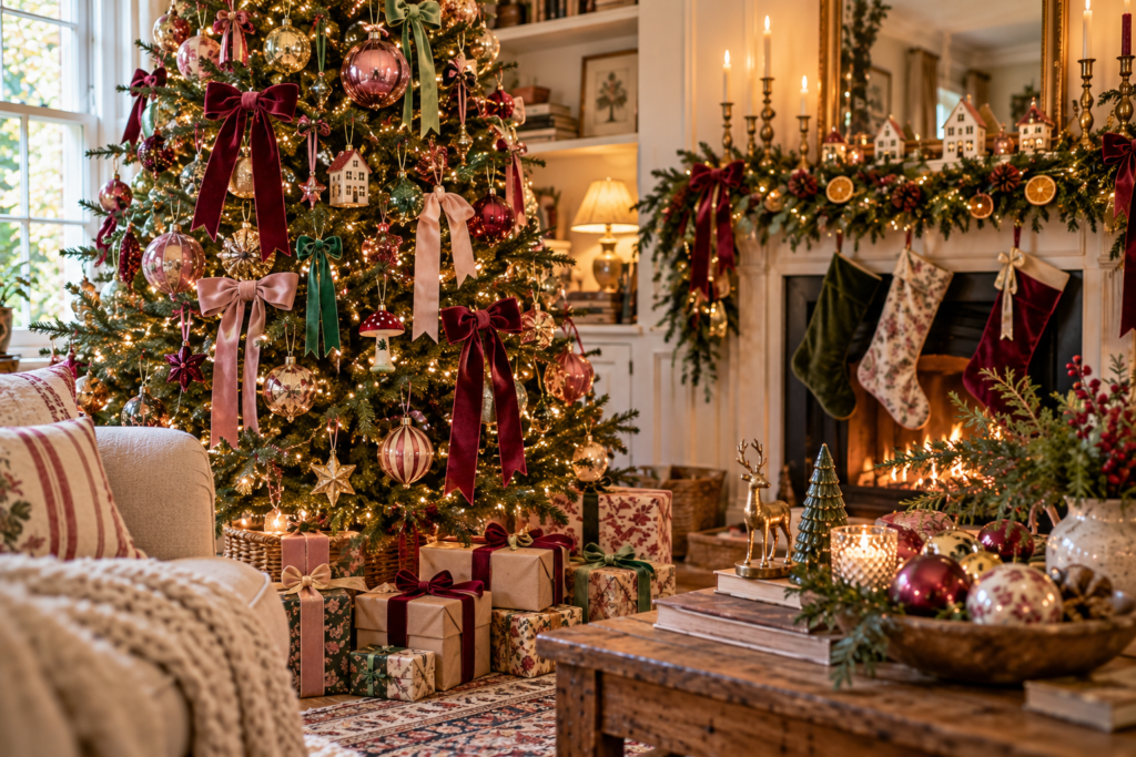 Velvet bows on a beautifully-decorated Christmas tree