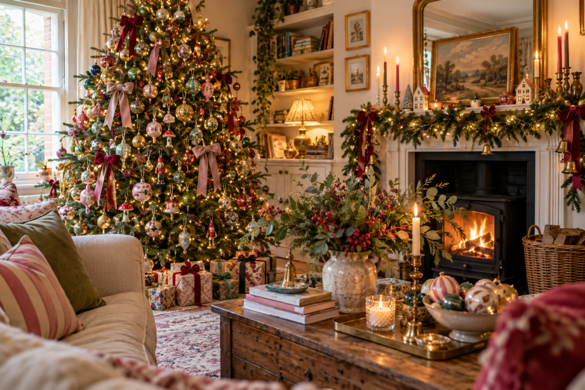 Beautiful Christmas decor and tree in a living room