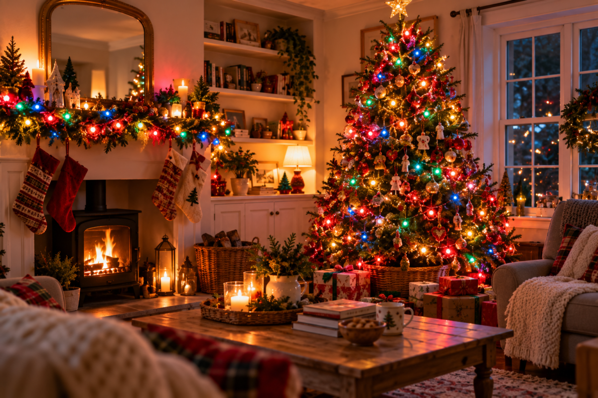 Multi-coloured Christmas lights in a living room