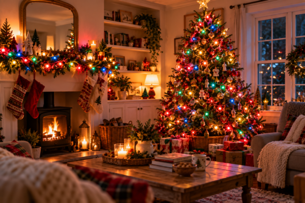 Multi-coloured Christmas lights in a living room