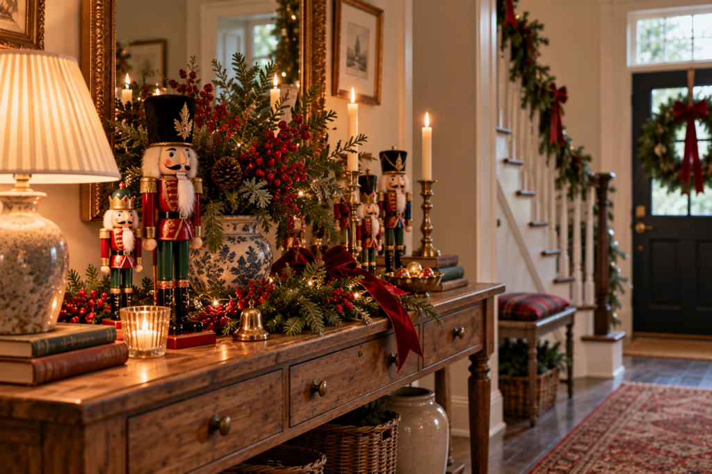 Console table in a modern home entry way decorated for Christmas