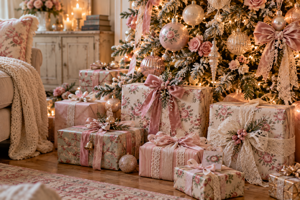 Shabby chic-style wrapped Christmas gifts under a Christmas tree