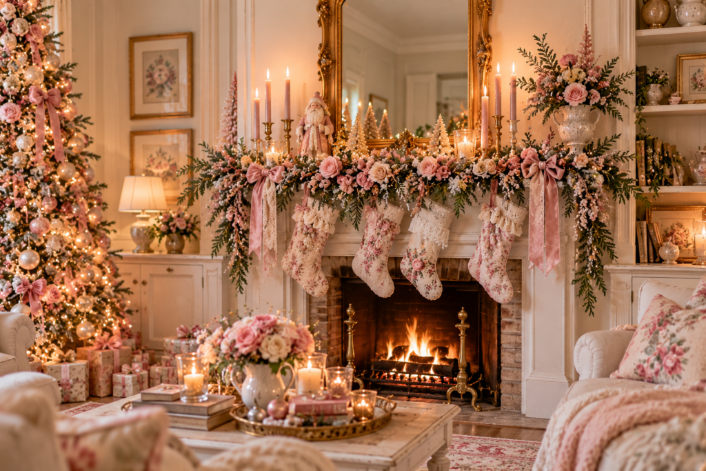 Floral Christmas stockings on a mantlepiece