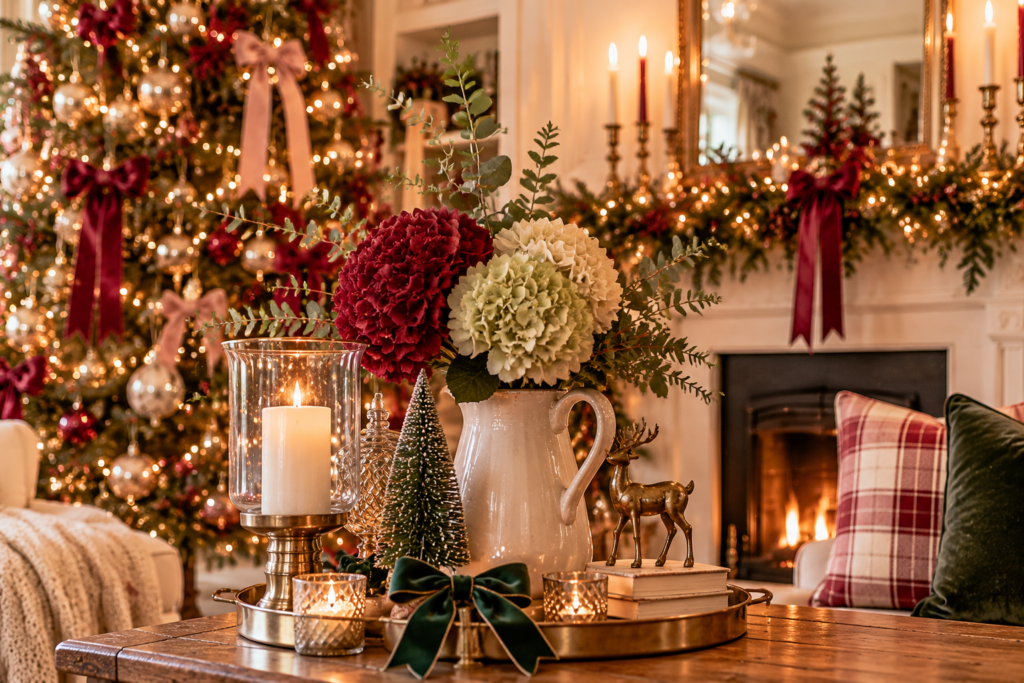 Display on a coffee table in a living room at Christmas time