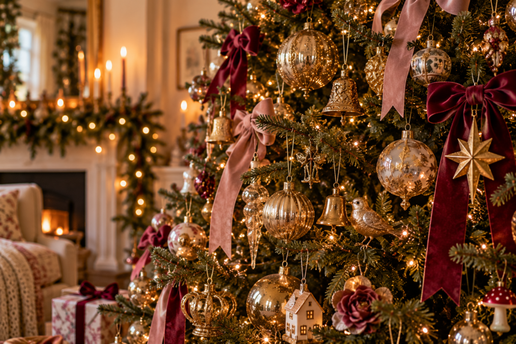 Beautiful gold Christmas ornaments on a Christmas tree