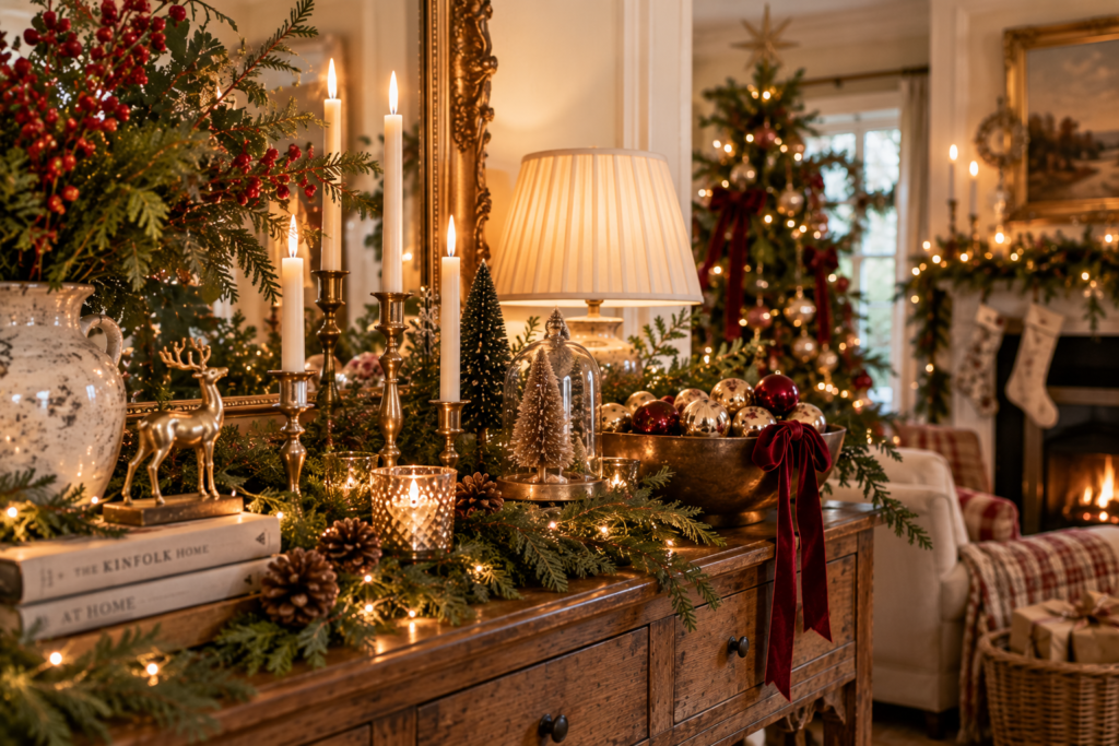 Beautiful Christmas decor on a console table
