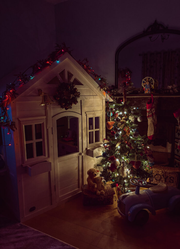 Children's indoor playhouse with Christmas decor