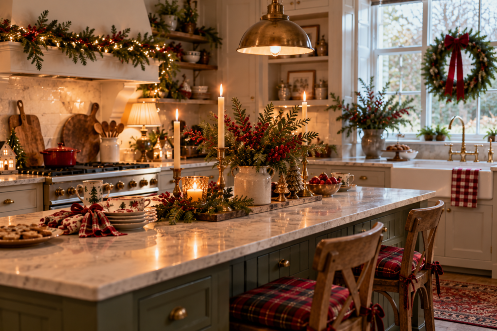 Kitchen decorated in traditional-style Christmas decor