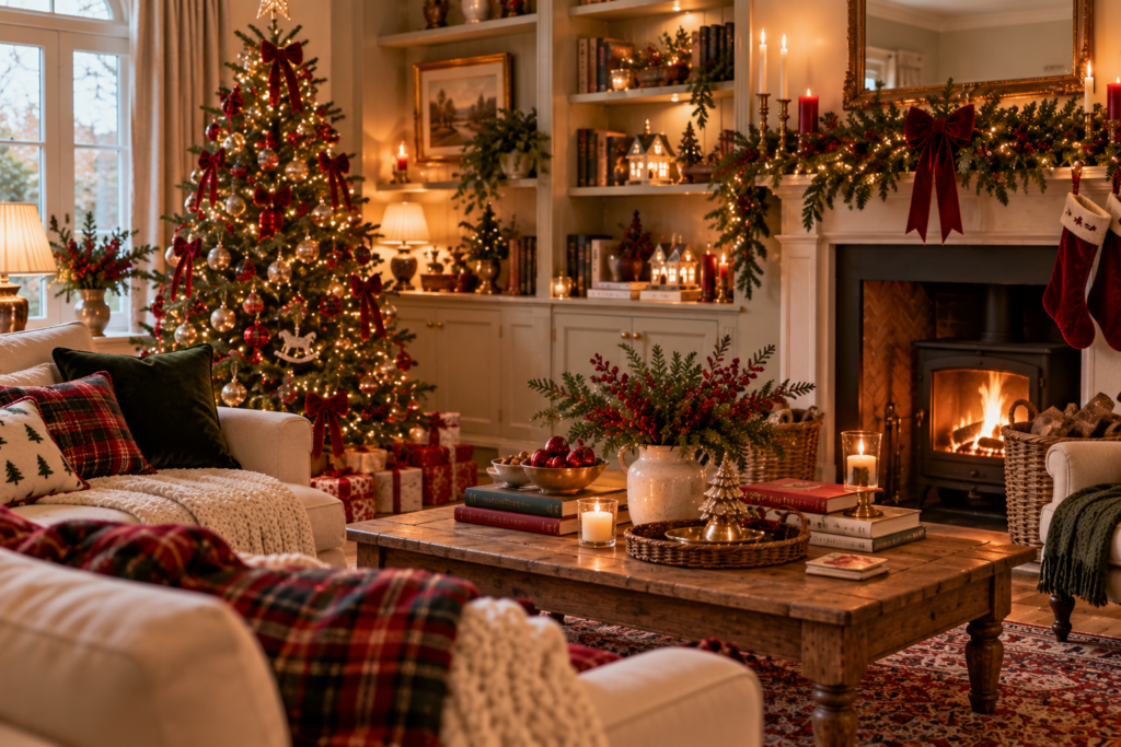 Living room decorated in traditional style for Christmas