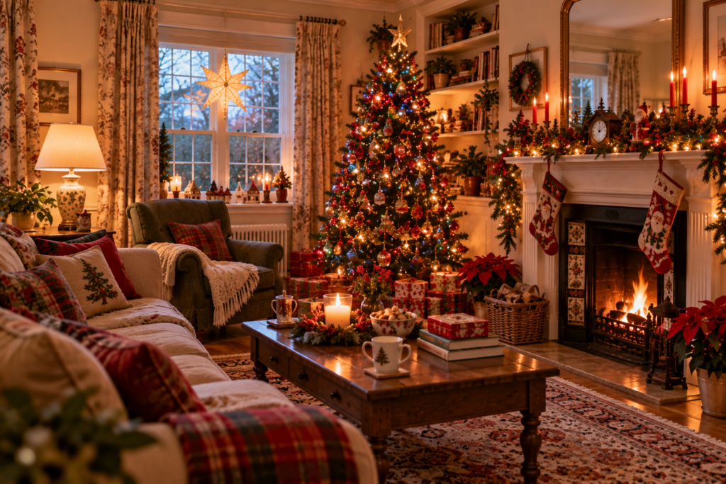 Beautiful living room with 90s style Christmas decor