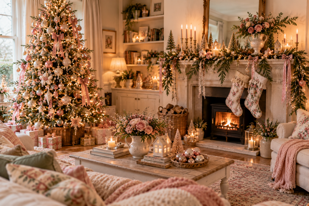 Shabby chic-styled living room at Christmas