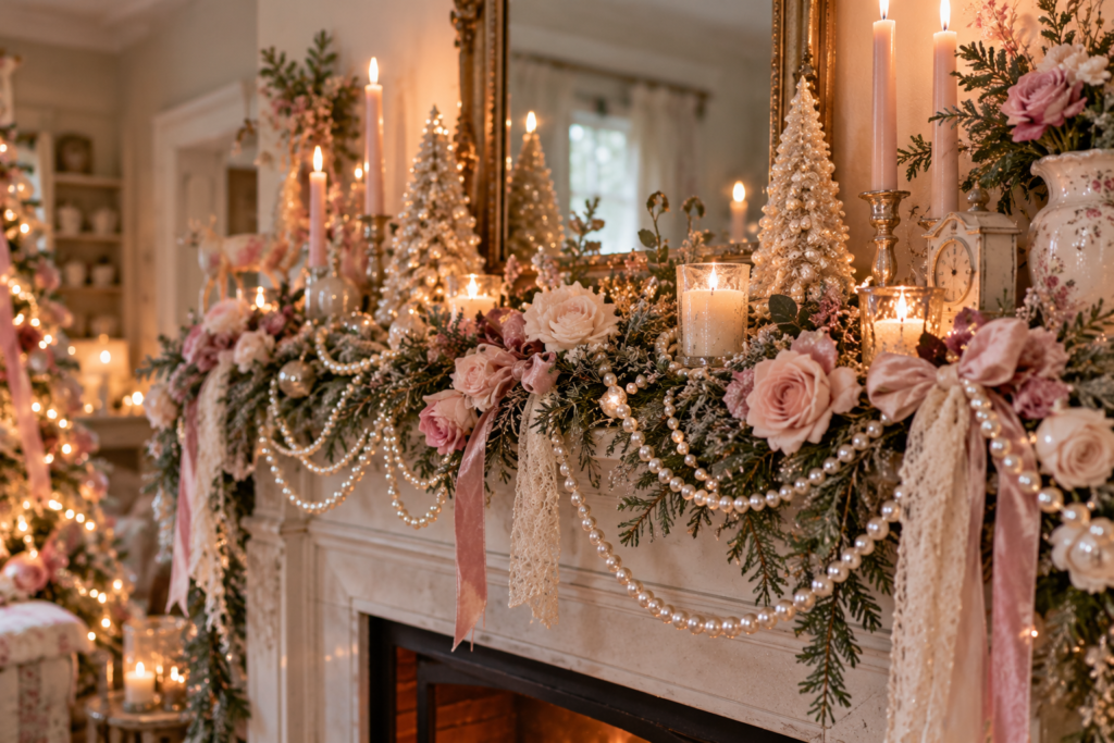 Pearl garlands on a mantlepiece