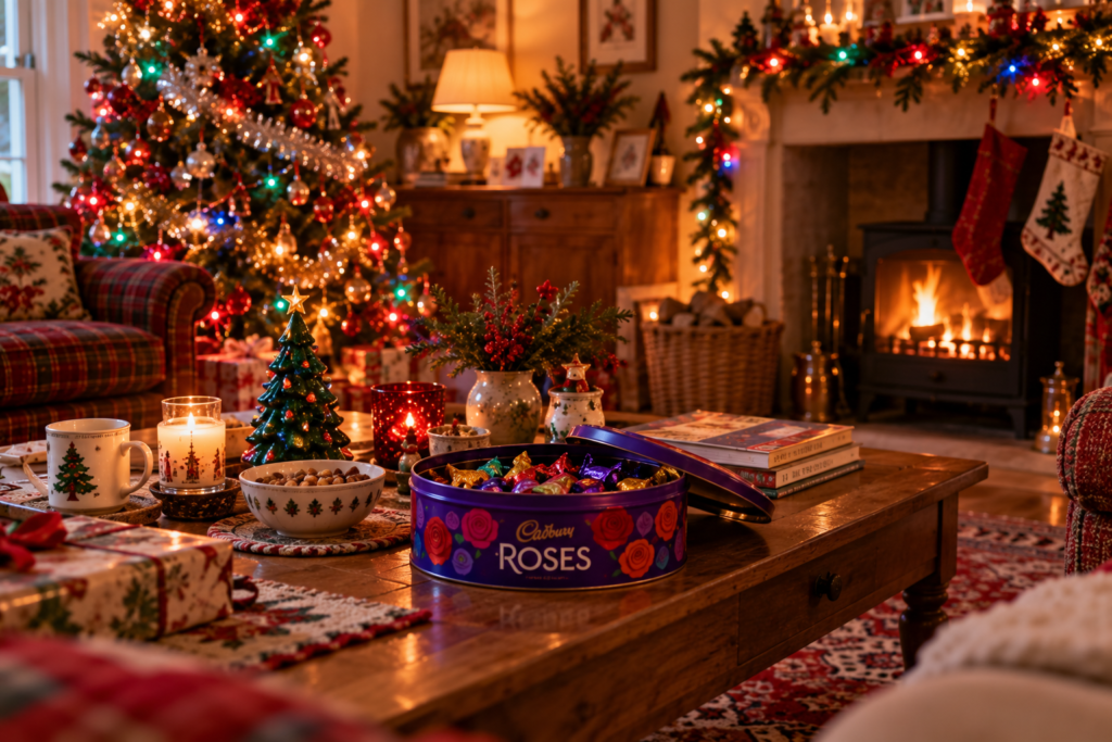 Vintage Cadbury Roses tin on a living room coffee table at Christmas