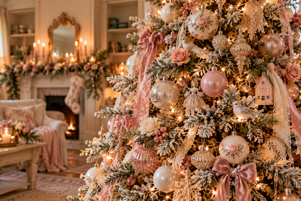 Up close view of a shabby chic style Christmas tree