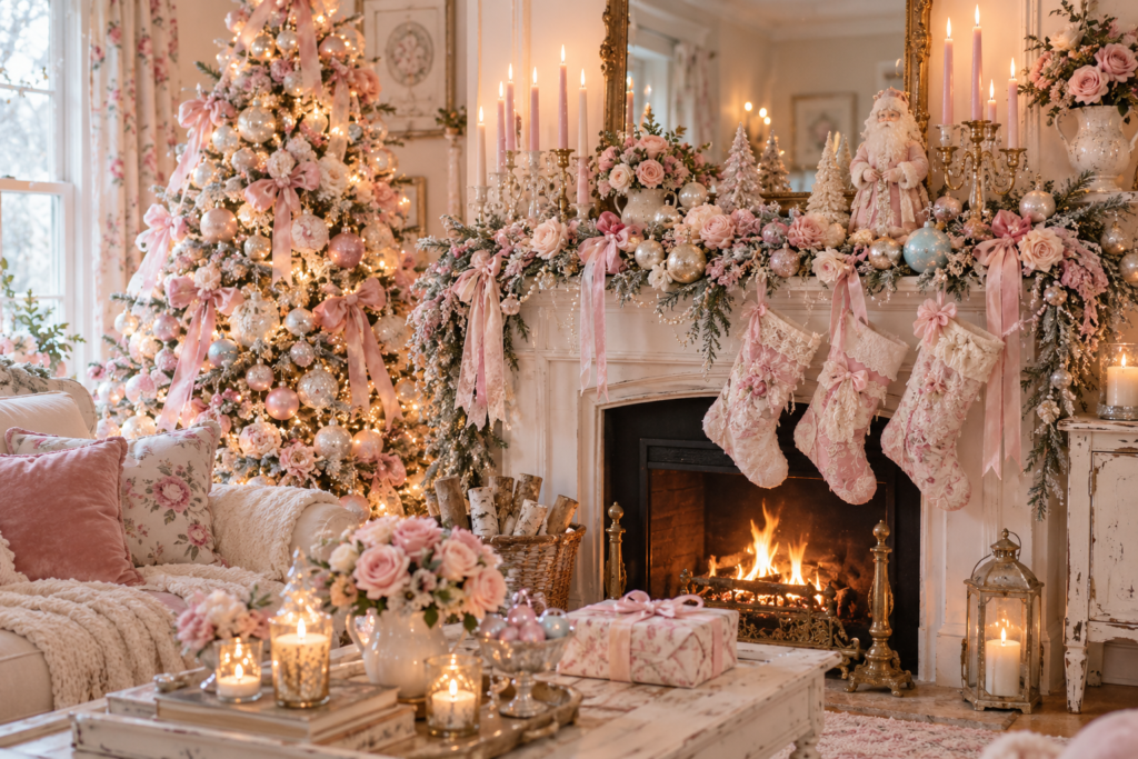 Shabby Chic Christmas decor in a beautiful living room