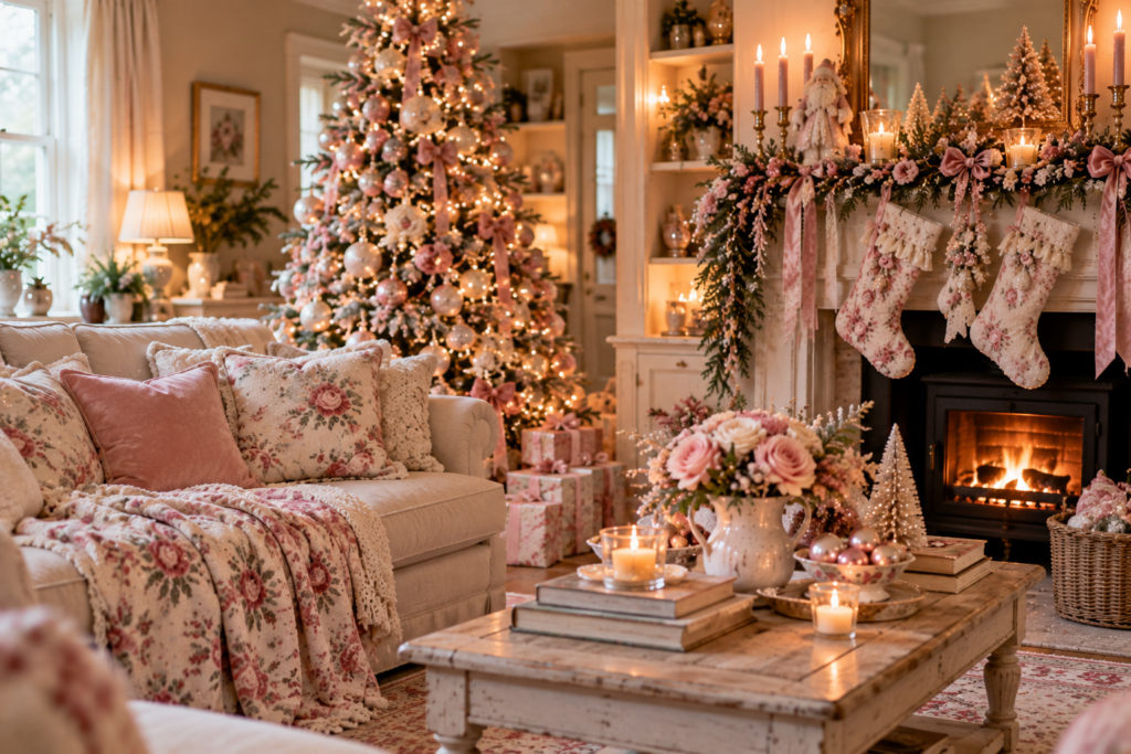 Shabby chic styled living room at Christmas