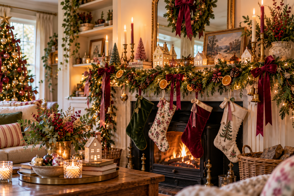 Beautiful Christmas stockings hanging on a mantlepiece in a living room