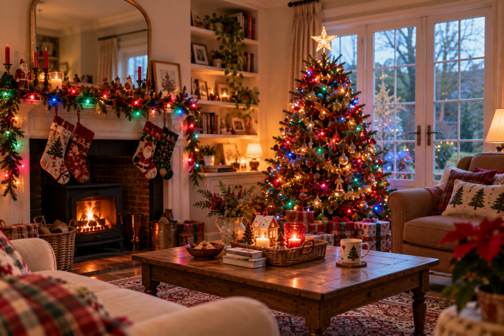 90s style Christmas decor in a modern day living room