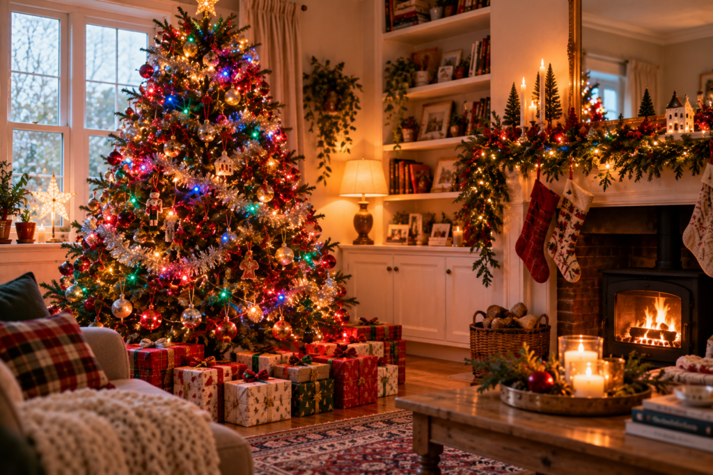 Tinsel on a Christmas tree in a living room