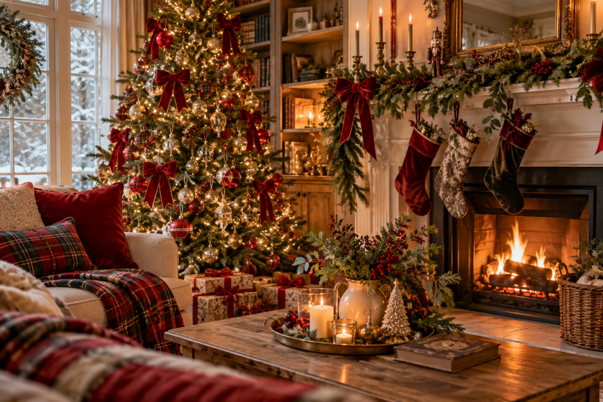 Beautiful traditional Christmas decor in a modern home living room
