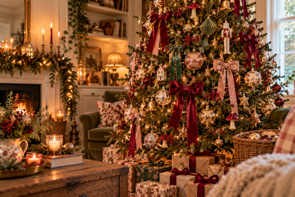 Beautiful Christmas tree with a mix of Christmas ornaments and bows