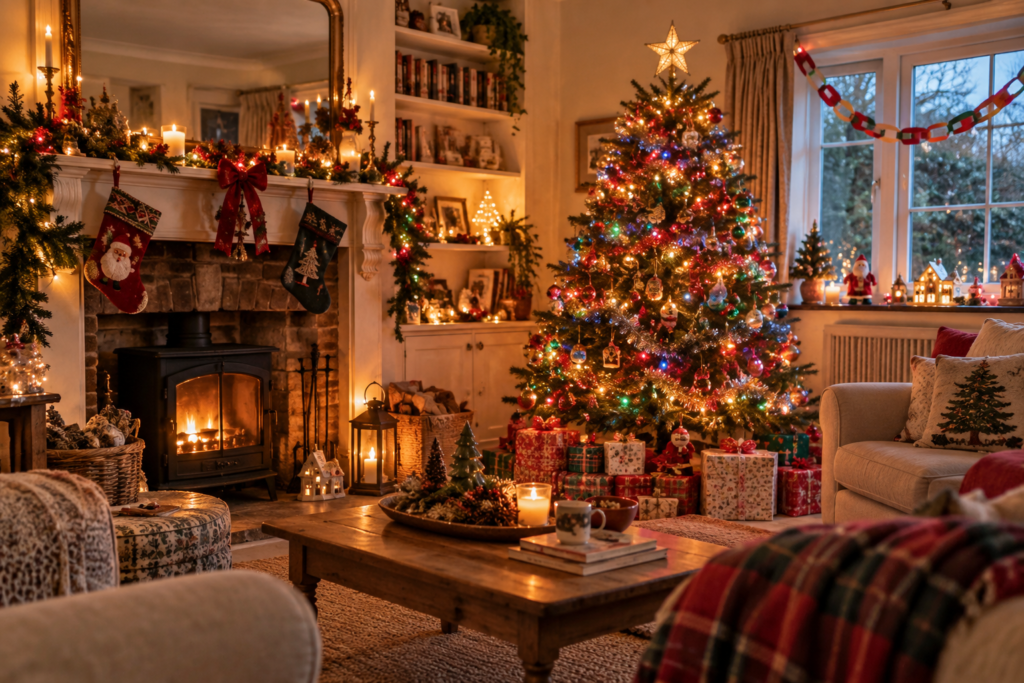 Living room in a modern home decorated in a 90's Christmas nostalgic decor style