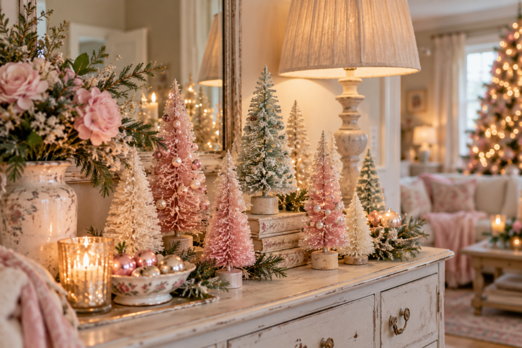 Pastel bottle brush tree decorations on a side table