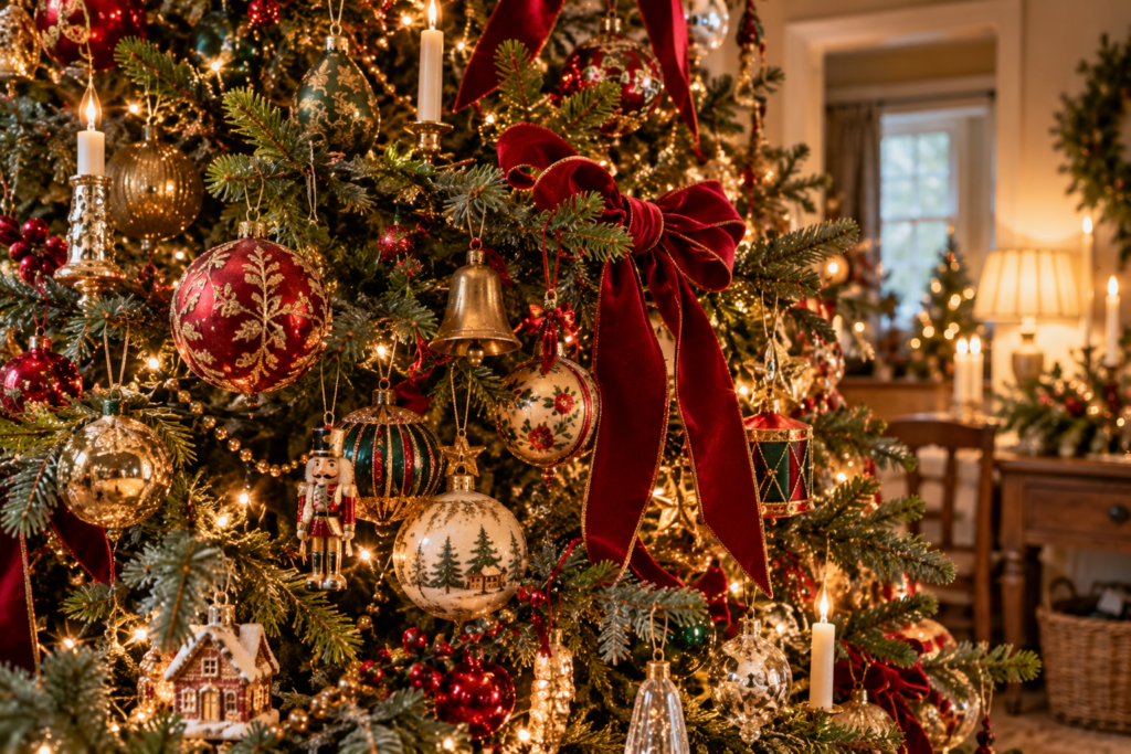 Up close image of vintage Christmas ornaments on a Christmas tree