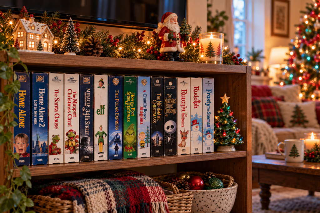 90s Christmas VHS movies on a shelf