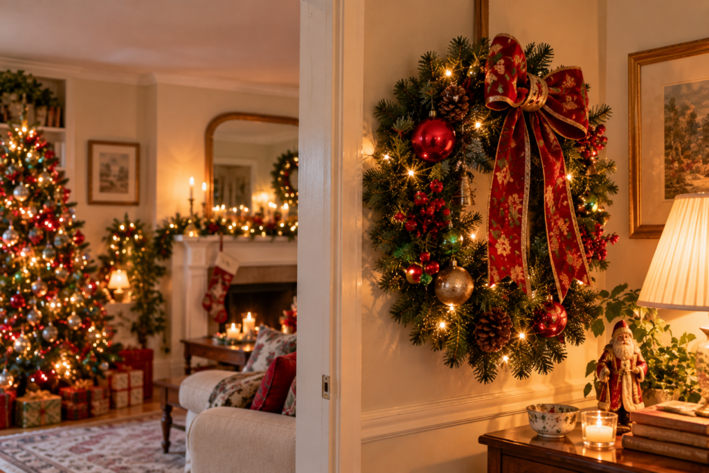 90s style Christmas wreath hanging indoors in a modern day home