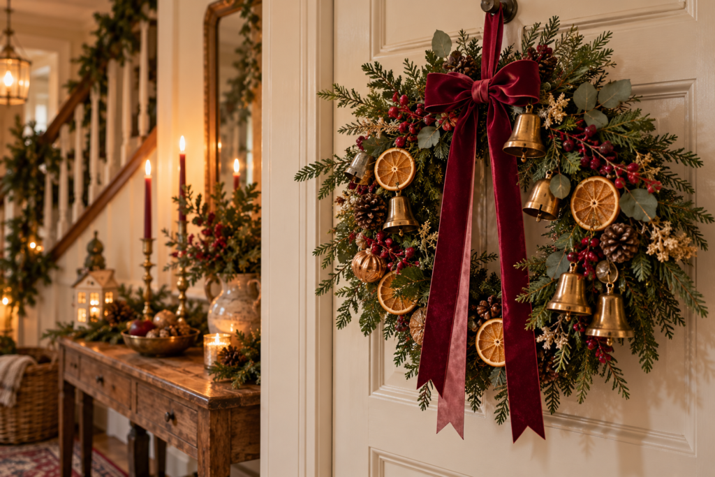 Beautiful Christmas wreath hanging on a door indoors