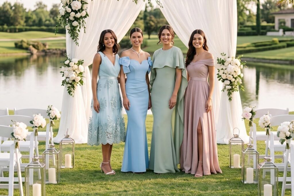 4 ladies in wedding guest dresses